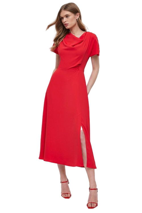 Jacques Vert Red Midi Dress With High Neck & Flare Skirt BCC04742