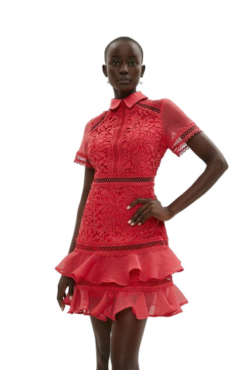 Jacques Vert Red Organza Trim Lace Mini Shirt Dress BCC04190