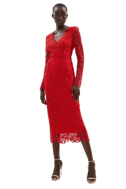 Jacques Vert Red Paisley Lace Long Sleeve Midi Pencil Dress BCC02344