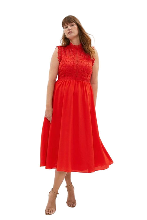 Jacques Vert Red Plus Size Lace Bodice Double Georgette Midi Dress BCC01761