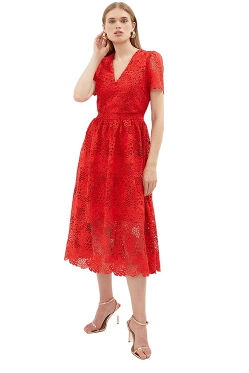 Jacques Vert Red Premium V Neck Midi Dress In Lace BCC02955