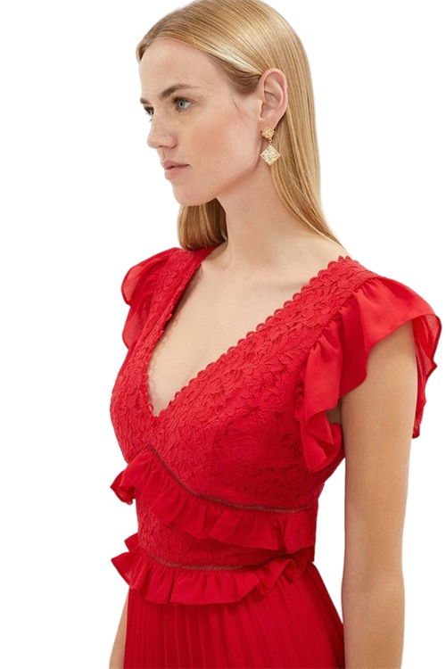 Jacques Vert Red Ruffle Detail Lace Bodice Pleat Skirt Dress BCC02777