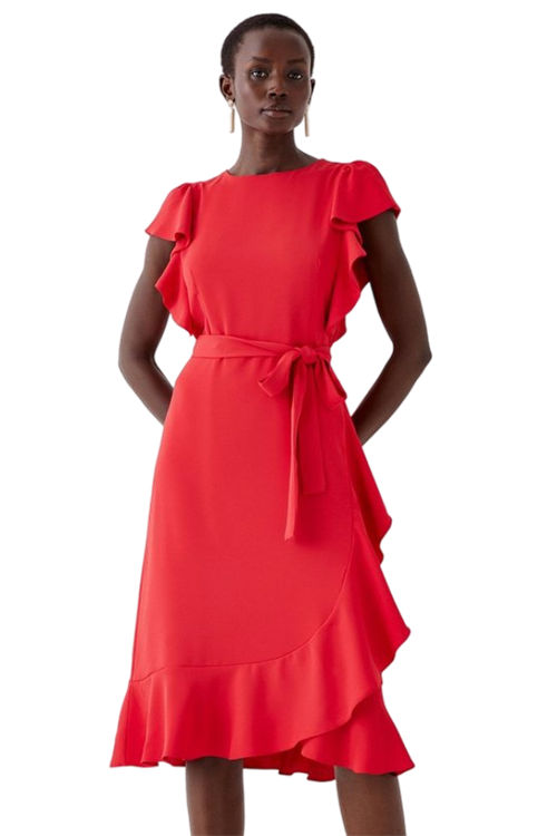 Jacques Vert Red Ruffle Sleeve Tie Waist Midi Dress BCC05493