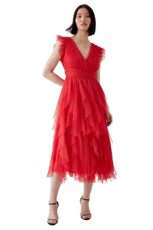 Jacques Vert Red Ruffled Skirt Mesh Midi Dress BCC05550