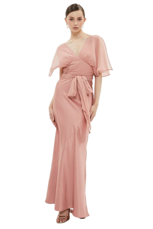 Jacques Vert Rose Chiffon Angel Sleeve Satin Maxi Dress BCC02596