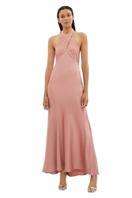 Jacques Vert Rose Crinkle Chiffon Halter Top Satin Maxi Dress BCC02598