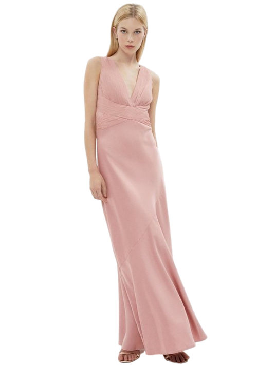 Jacques Vert Rose Crinkle Chiffon V Neck Satin Maxi Dress BCC02597