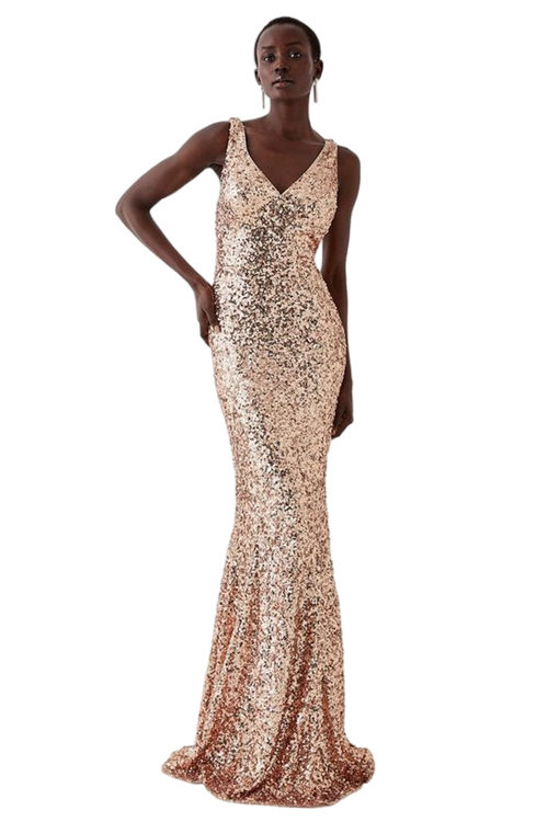 Jacques Vert Rose Gold Sequin Fishtail Maxi Dress BCC04024