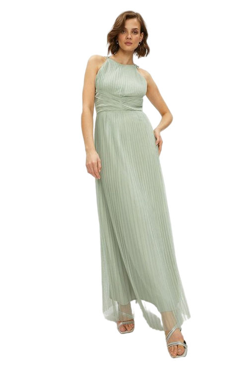 Jacques Vert Sage All Over Pleated Bridesmaid Maxi Dress ACC95325