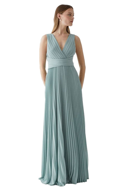 Jacques Vert Sage Allover Pleat Waistband Detail Bridesmaid Maxi Dress BCC04825