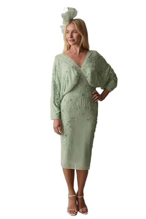 Jacques Vert Sage Beaded V Neck Kimono Midi Dress BCC05364