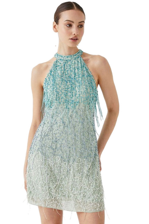 Jacques Vert Sage High Neck Embellished Ombre Fringe Mini Dress BCC05135