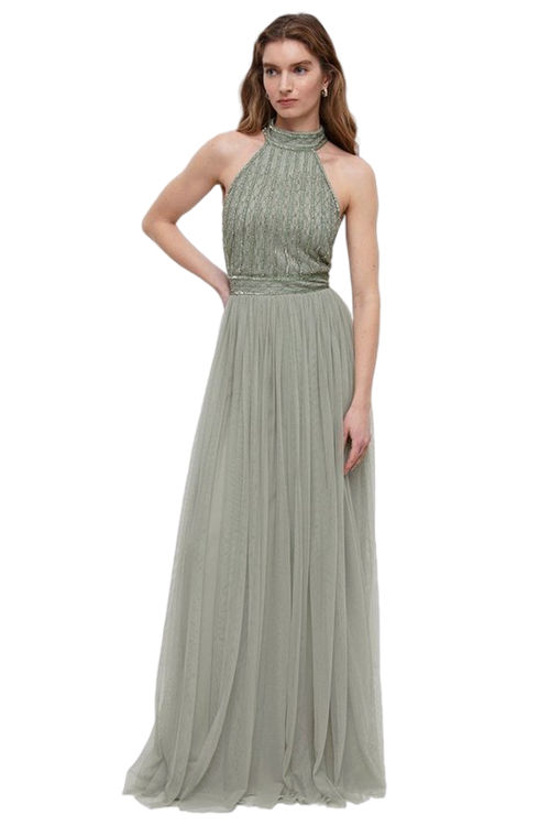 Jacques Vert Sage Mixed Bead Halter Neck Two In One Bridesmaids Dress BCC04399