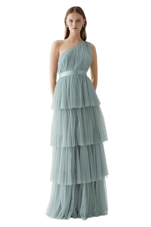 Jacques Vert Sage One Shoulder Tiered Mesh Bridesmaids Dress BCC05430