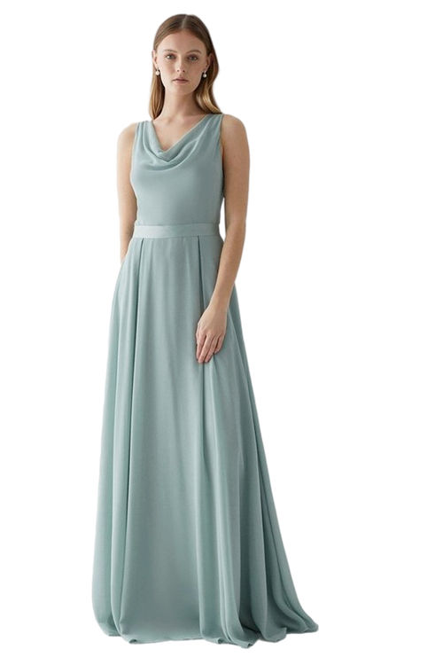 Jacques Vert Sage Petite Georgette Cowl Bridesmaid Maxi Dress With Belt BCC04869