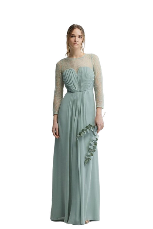 Jacques Vert Sage Pleated Bodice Eyelash Lace Sleeve Bridesmaids Maxi Dress BCC04511