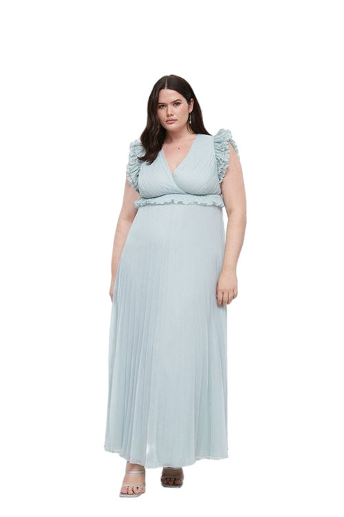 Jacques Vert Sage Plus Size Frill Shoulder Pleated Skirt Maxi Dress BCC04097