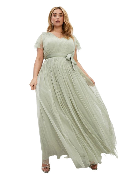 Jacques Vert Sage Plus Size Tulle V-neck Tie Belt Maxi Dress BCC00288