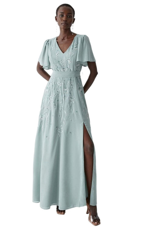 Jacques Vert Sage Premium Floral Embroidered Bridesmaids Maxi Dress BCC04493