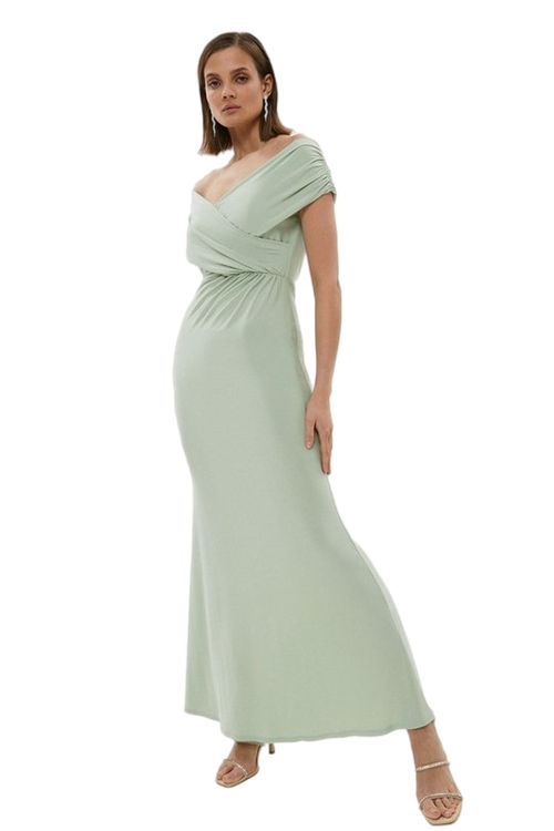 Jacques Vert Sage Ruched Bardot Fishtail Maxi Dress BCC01092