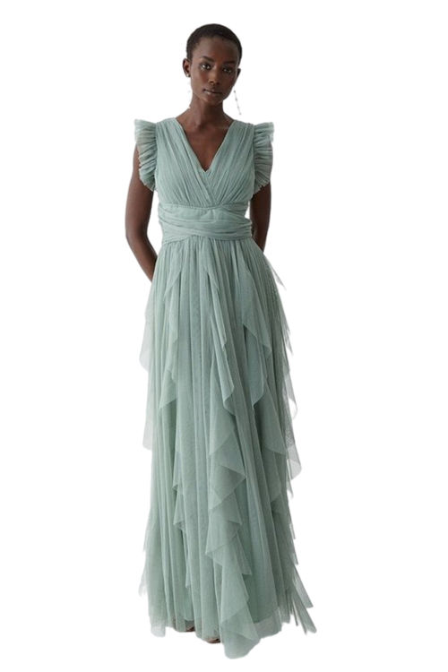 Jacques Vert Sage Ruffle Skirt Tie Back Mesh Bridesmaids Dress BCC05622