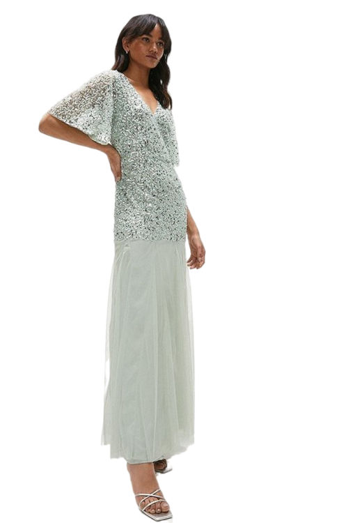 Jacques Vert Sage Sequin Angel Sleeve Maxi Dress ACC95328