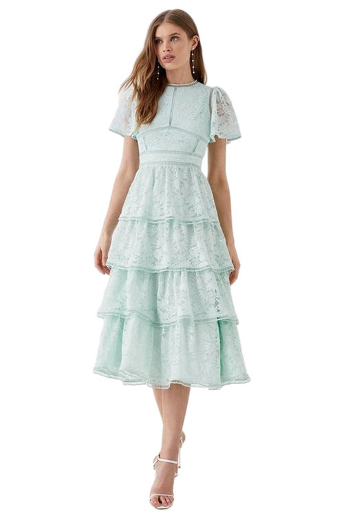 Jacques Vert Sage Tiered Lace Dress With Flutter Sleeve & Trims BCC04839