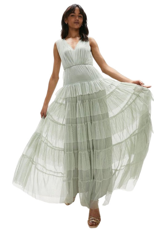 Jacques Vert Sage Tulle Tiered Maxi Dress ACC95331