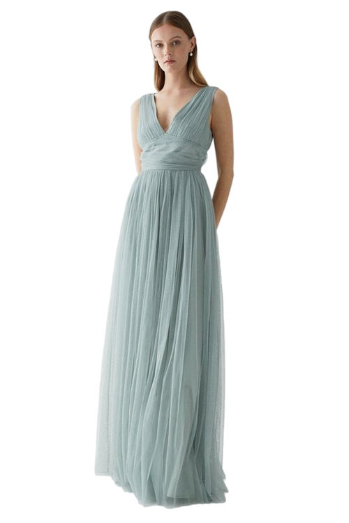 Jacques Vert Sage V Neck Pleated Waistband Mesh Bridesmaids Dress BCC05431