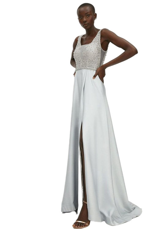 Jacques Vert Silver Beaded Satin Maxi Dress BCC00502