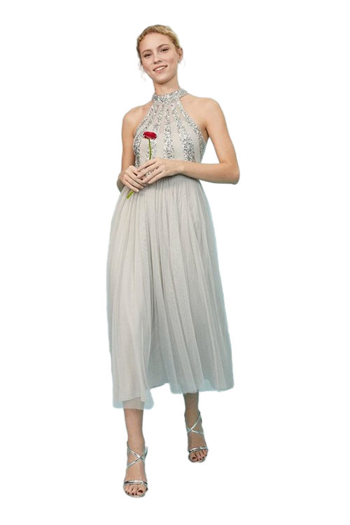 Jacques Vert Silver Embellished Pleated Midi Dress ACC96182