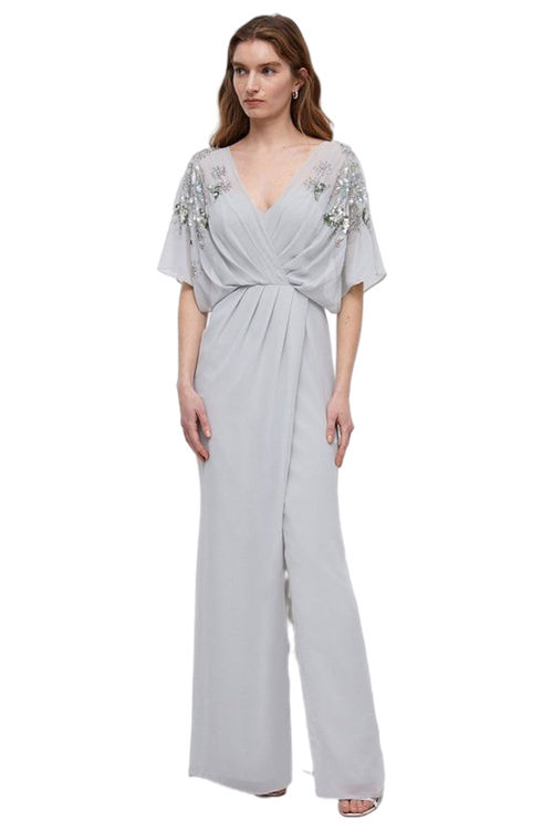 Jacques Vert Silver Grey Wrap Top Sequin Kyoto Embellished Bridesmaids Maxi Dress BCC04394