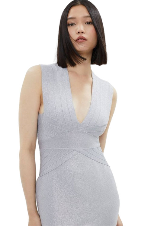 Jacques Vert Silver Metallic Plunge Bandage Midi Dress BCC01578