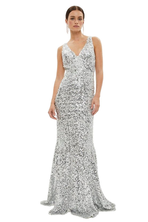 Jacques Vert Silver Petite Sequin Fishtail Maxi Dress BCC04154