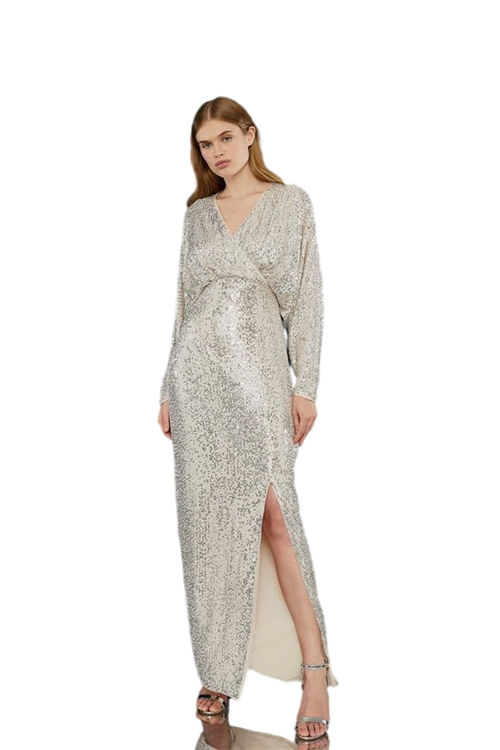 Jacques Vert Silver Sequin Cross Front Maxi Dress BCC04065