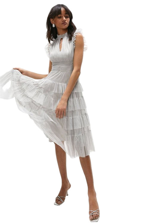 Jacques Vert Silver Tulle Tiered Frill Sleeve Dress ACC95332