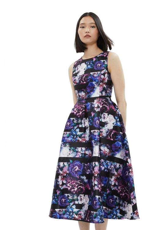 Jacques Vert Stripe Floral Print Full Skirt Midi Dress BCC04266