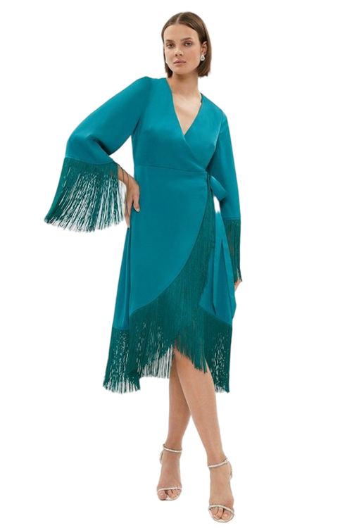 Jacques Vert Teal Fringe Wrap Midi Dress​ BCC00089