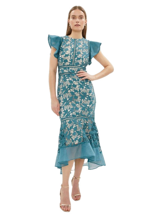 Jacques Vert Teal Organza Hem And Sleeve Lace Dress BCC00897