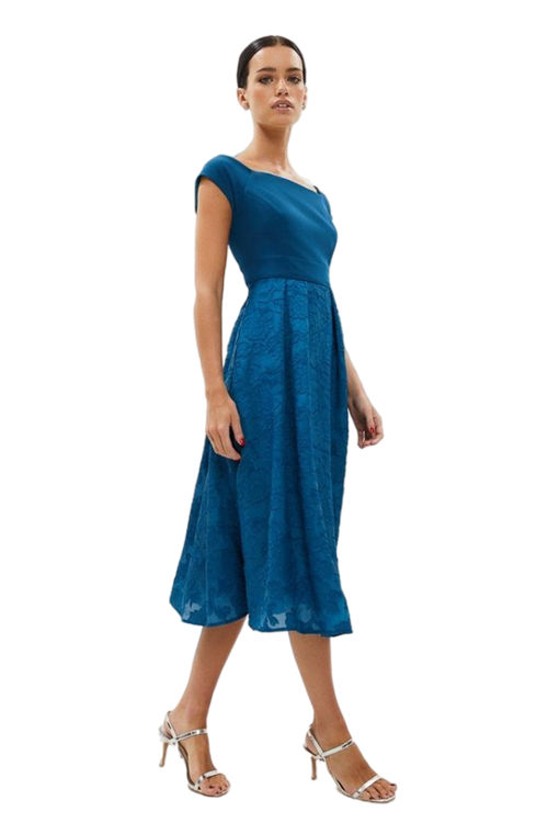 Jacques Vert Teal Petite Bardot Neck Embroidered Midi Dress BCC02561