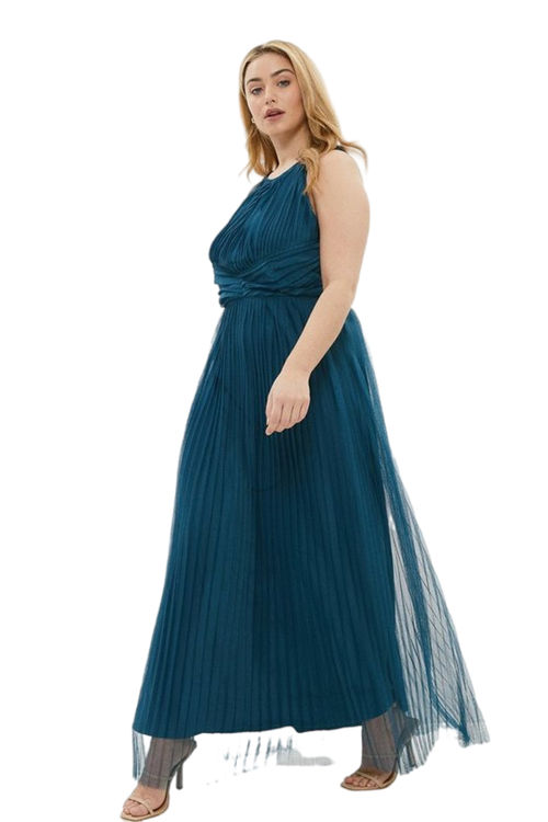 Jacques Vert Teal Plus Size All Over Pleated Bridesmaid Maxi Dress ACC01616