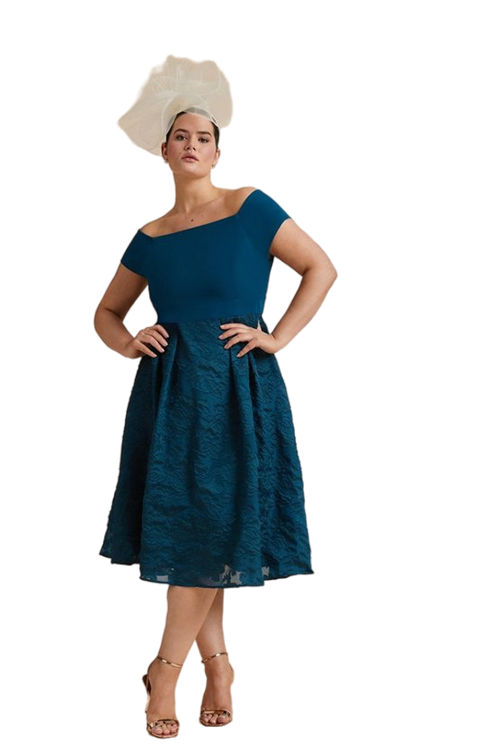 Jacques Vert Teal Plus Size Bardot Neck Embroidered Midi Dress ACC96038