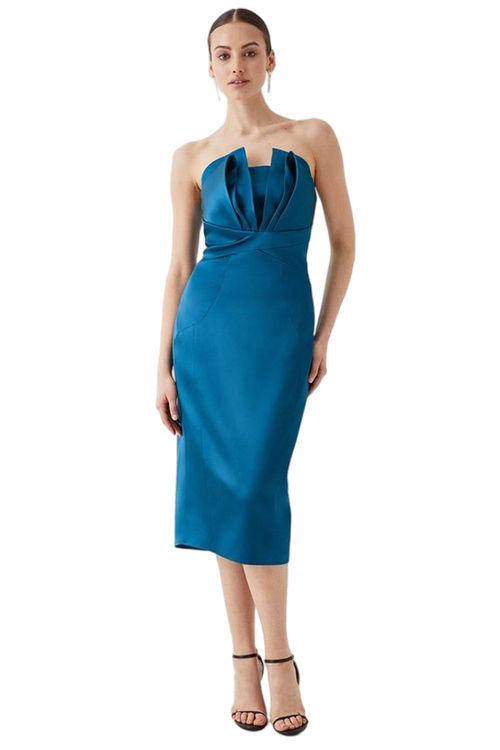 Jacques Vert Teal Premium Italian Satin Bandeau Pleat Front Midi Dress BCC04928