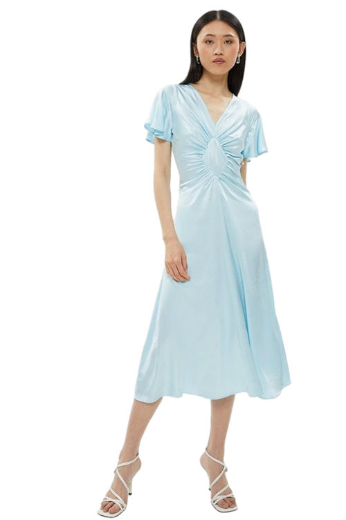 Jacques Vert Turquoise Satin Diamond Panel Flute Sleeve Midi Dress​ BCC01600