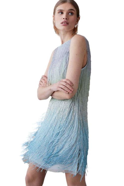 Jacques Vert Turquoise Tiered Embellished Fringe Ombre Midi Dress BCC04551