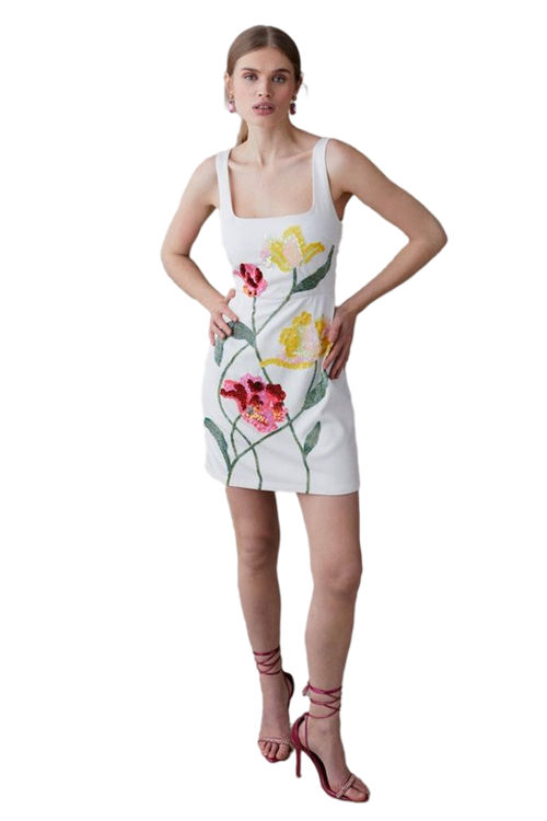 Jacques Vert White Hand Embellished Floral Pencil Mini Dress BCC04562