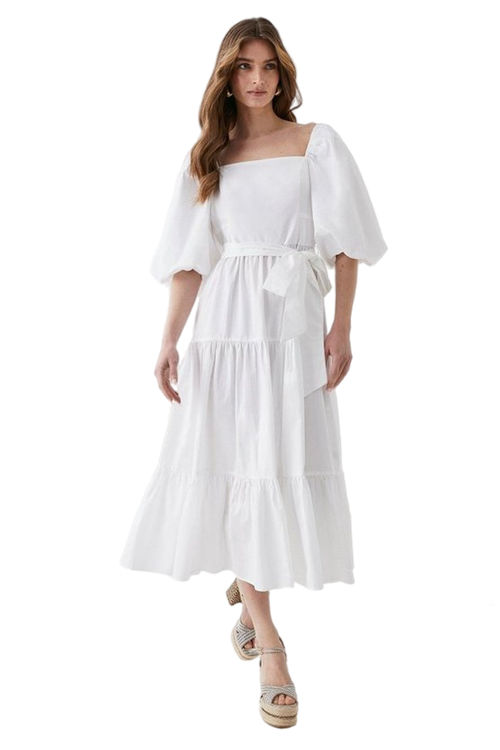 Jacques Vert White Puff Sleeve Belted Cotton Tiered Midi Dress BCC05171