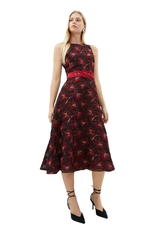 Jacques Vert Wine Belted Organza Jacquard Full Skirted Midi Dress BCC00641