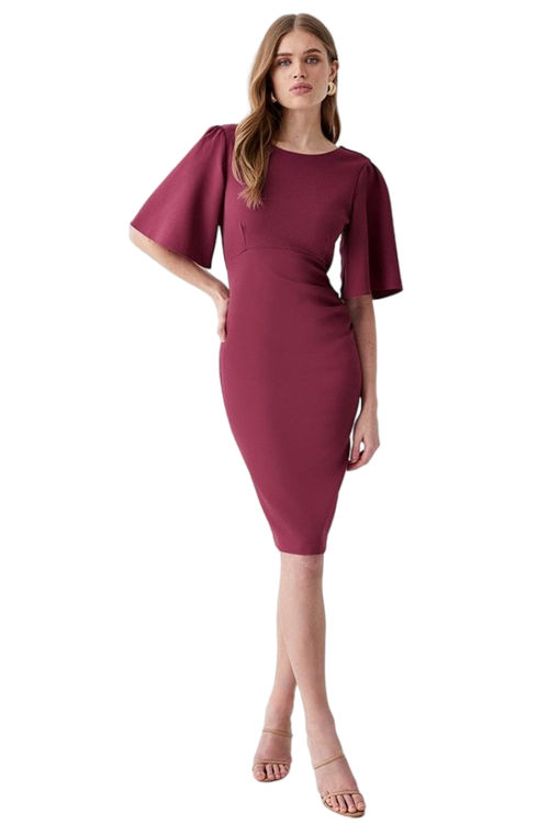 Jacques Vert Wine Flare Sleeve Ruche Waist Midi Dress BCC00390