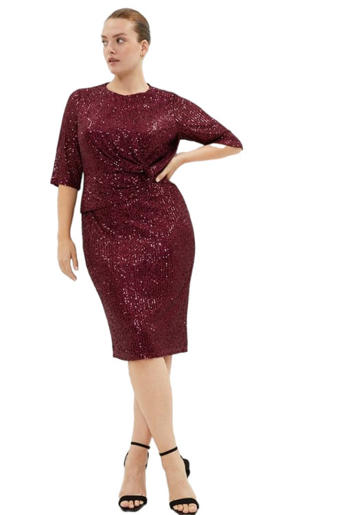 Jacques Vert Wine Plus Sequin Dress With Twist Front BCC04022